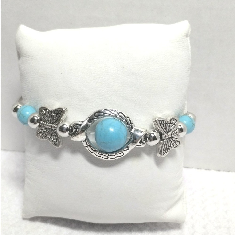 Silver Tone Butterfly Turquoise Blue Bead Bangle Bracelet Adjustable 7-9 Inch